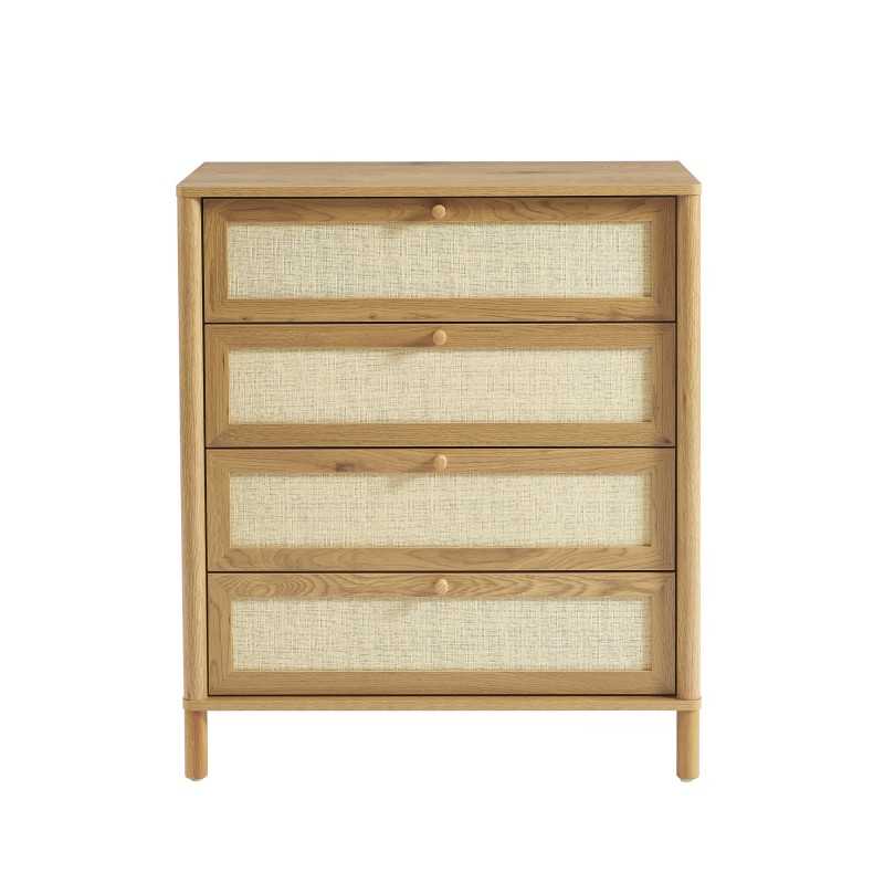 Commode 4 tiroirs effet chêne et rotin 80cm, style bohème naturel pour intérieur chaleureux