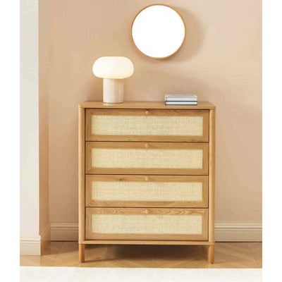Commode HAIDA 4 tiroirs effet chêne et rotin 80cm