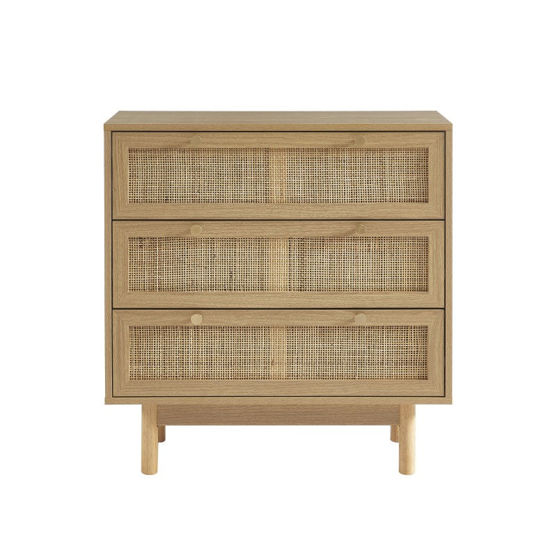 Commode 3 tiroirs effet chêne et cannage rotin 78cm, style bohème chic
