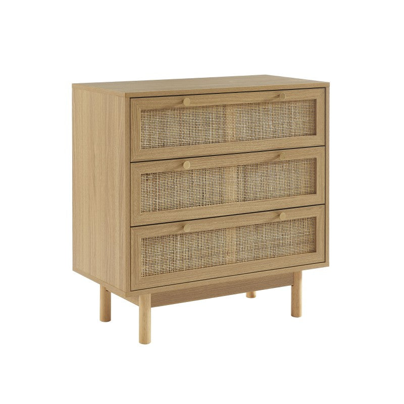 Commode HELENA 3 tiroirs effet chêne et cannage rotin 78cm