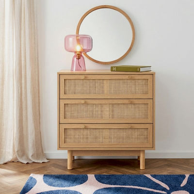 Commode HELENA 3 tiroirs effet chêne et cannage rotin 78cm