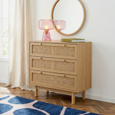 Commode HELENA 3 tiroirs effet chêne et cannage rotin 78cm