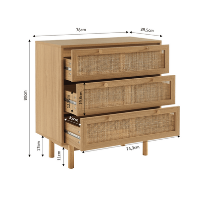 Commode HELENA 3 tiroirs effet chêne et cannage rotin 78cm
