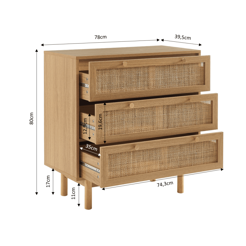 Commode HELENA 3 tiroirs effet chêne et cannage rotin 78cm