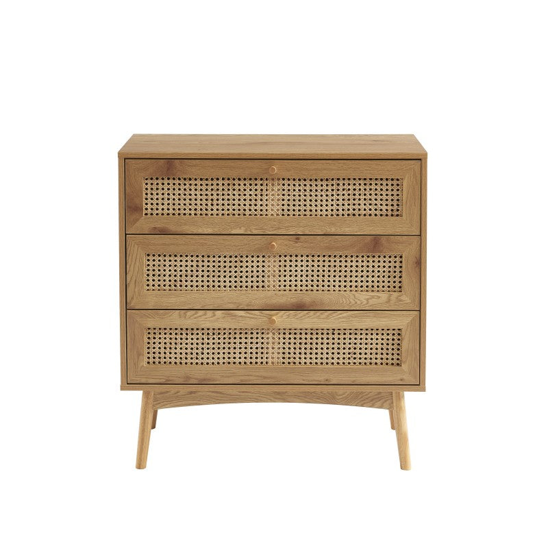 Commode 3 tiroirs effet chêne et cannage rotin, style rétro pour chambre enfant ou adulte