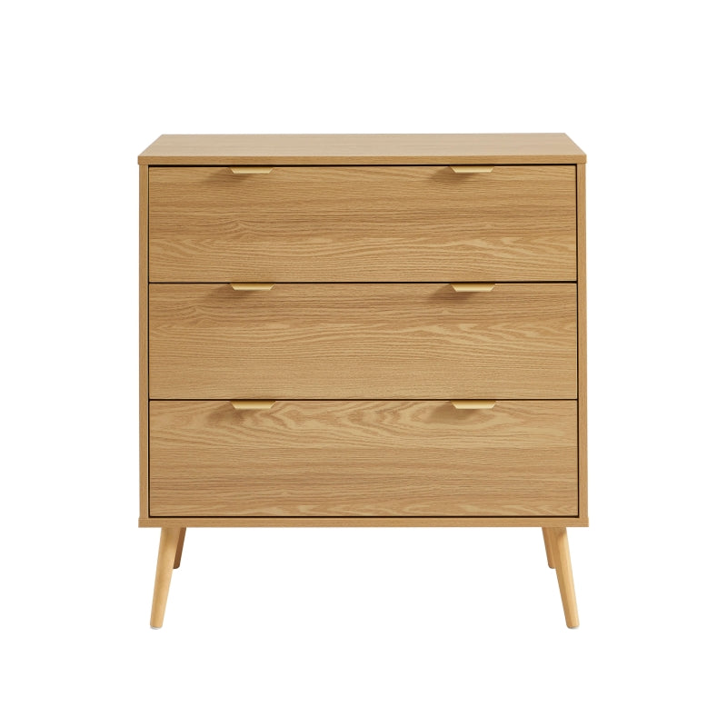 Commode 3 tiroirs effet chêne 80cm, poignées métal doré, design épuré intemporel