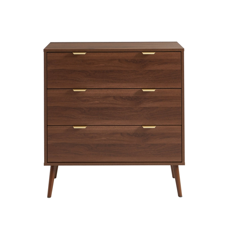 Commode 3 tiroirs effet noyer 80cm avec poignées métal doré, design épuré