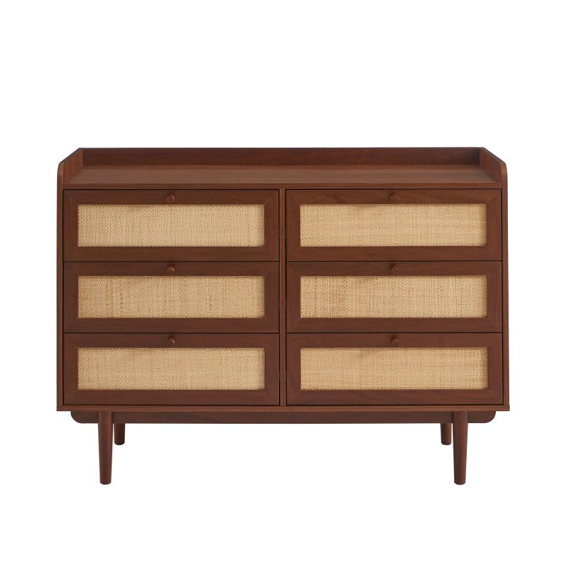Commode 6 tiroirs 120cm placage noyer et cannage, meuble de caractère au style naturel