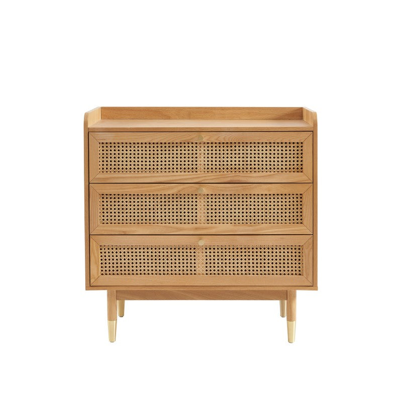 Commode 3 tiroirs placage chêne et cannage rotin 85cm, style naturel contemporain