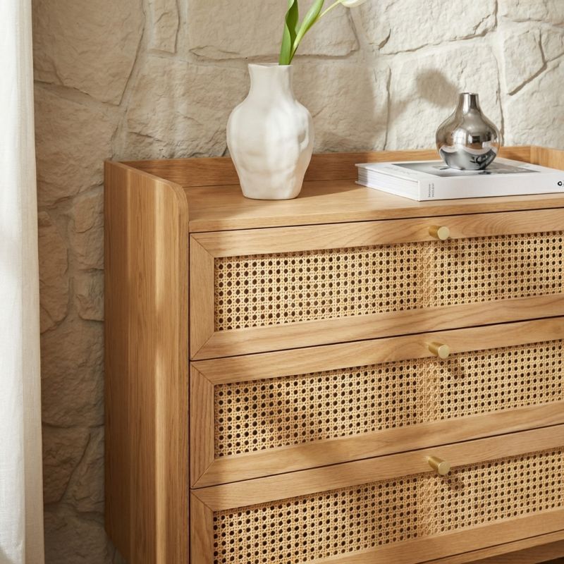 Commode LEON 3 tiroirs placage chêne et cannage rotin 85cm