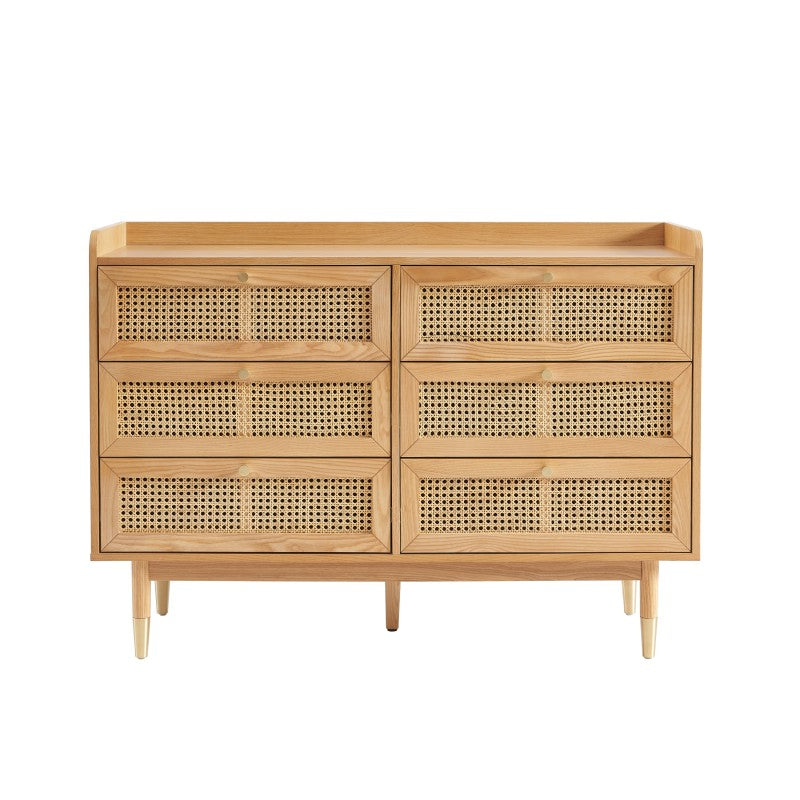 Commode 6 tiroirs placage chêne et cannage rotin 120cm, style naturel contemporain