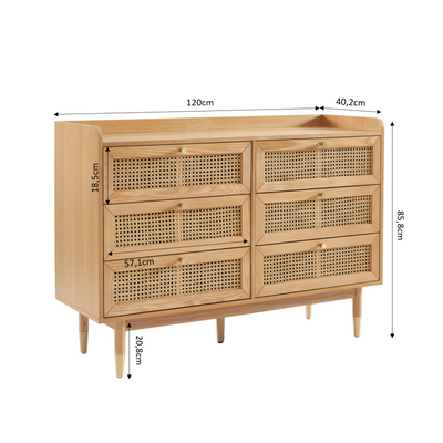Commode LEON 6 tiroirs placage chêne et cannage rotin 120cm