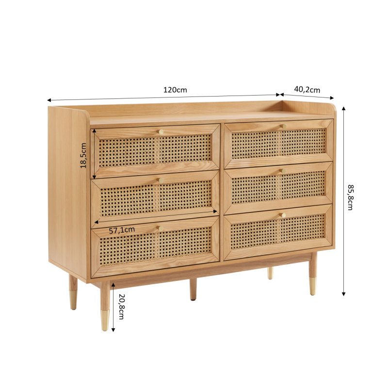 Commode LEON 6 tiroirs placage chêne et cannage rotin 120cm