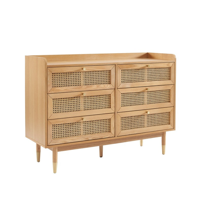 Commode LEON 6 tiroirs placage chêne et cannage rotin 120cm