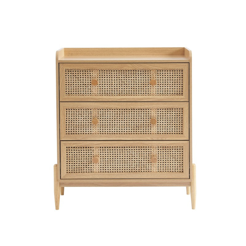 Commode enfant 3 tiroirs cannage rotin et effet bois 80cm pour chambre enfant
