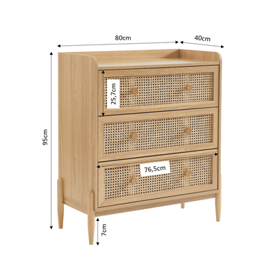 Commode enfant PABLO 3 tiroirs cannage rotin et effet bois 80cm