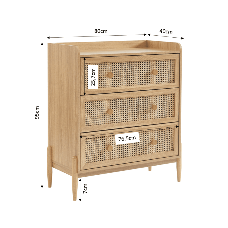 Commode enfant PABLO 3 tiroirs cannage rotin et effet bois 80cm