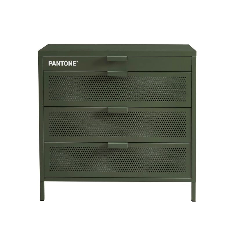 Commode métal 4 tiroirs vert olive 80cm, rangement polyvalent salon chambre bureau
