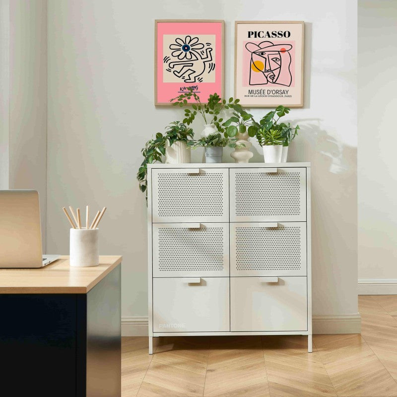Commode PANTONE 6 tiroirs métal beige sable 90cm