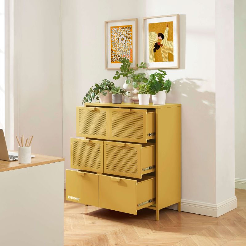 Commode PANTONE métal jaune moutarde 6 tiroirs 90cm
