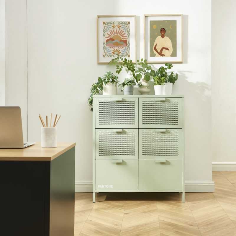 Commode PANTONE métal vert amande 6 tiroirs 90cm
