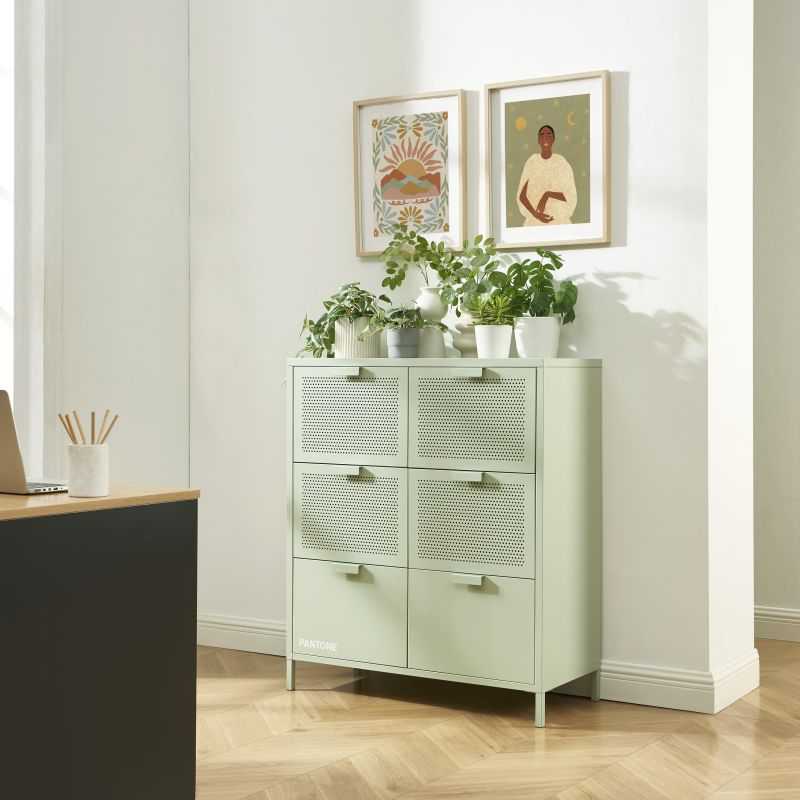 Commode PANTONE métal vert amande 6 tiroirs 90cm