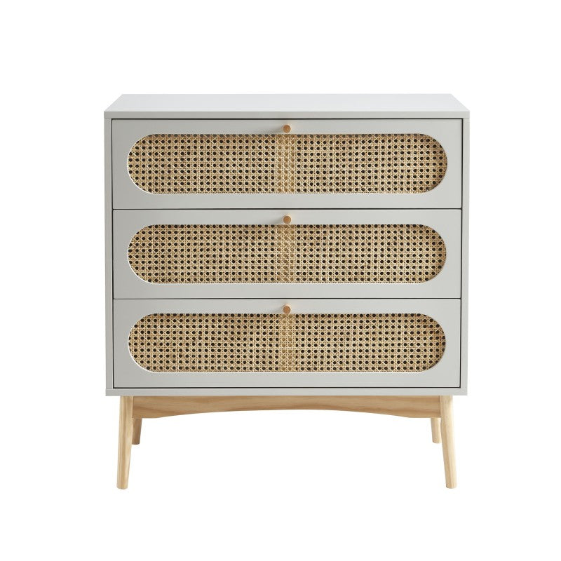 Commode 3 tiroirs cannage rotin gris perle 80cm, style bohème pour chambre
