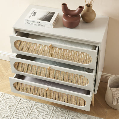 Commode SIXTINE 3 tiroirs cannage rotin et gris perle 80cm
