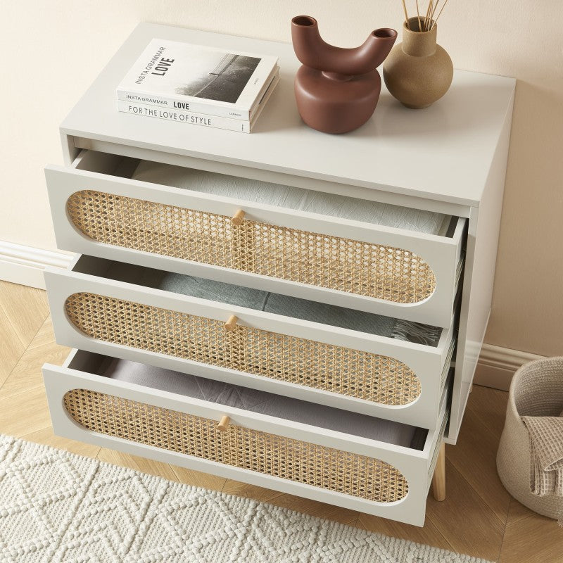 Commode SIXTINE 3 tiroirs cannage rotin et gris perle 80cm