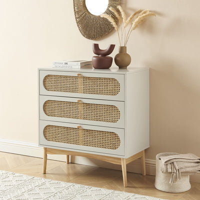 Commode SIXTINE 3 tiroirs cannage rotin et gris perle 80cm