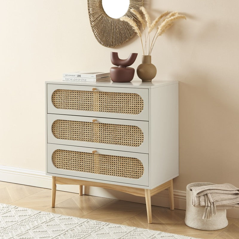 Commode SIXTINE 3 tiroirs cannage rotin et gris perle 80cm