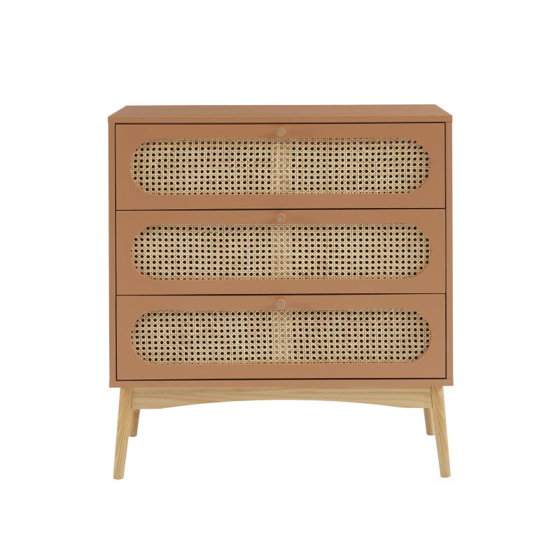 Commode 3 tiroirs cannage rotin terracotta 80cm, style bohème chambre à coucher