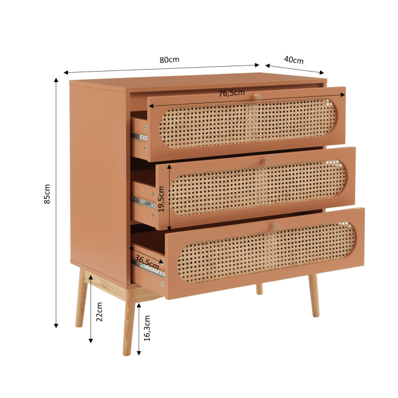 Commode SIXTINE 3 tiroirs cannage rotin et terracotta 80cm