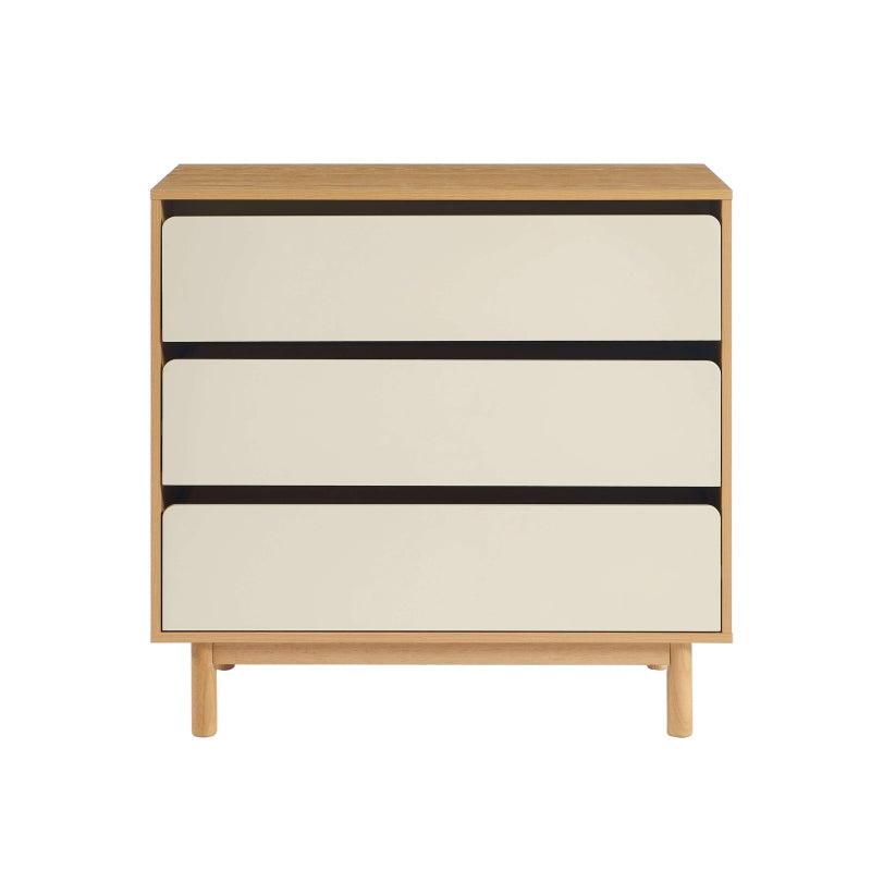 Commode 3 tiroirs 90cm bicolore beige mat et effet chêne, meuble de rangement sur mesure
