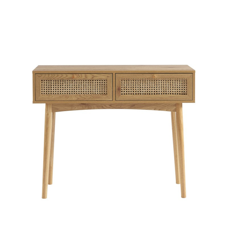 Console 2 tiroirs cannage rotin effet chêne, style rétro pour entrée ou chambre