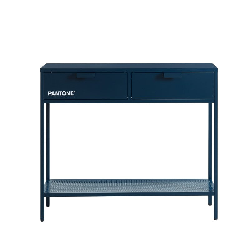 Console métal bleu nuit 2 tiroirs 100cm, design industriel pour séjour contemporain