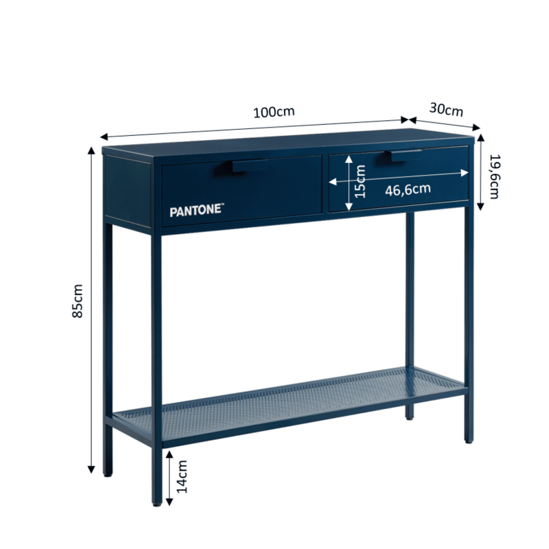 Console PANTONE métal bleu nuit 2 tiroirs 100cm