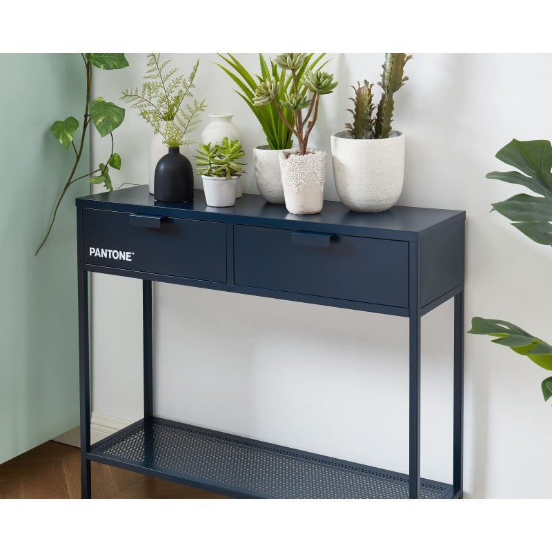 Console PANTONE métal bleu nuit 2 tiroirs 100cm