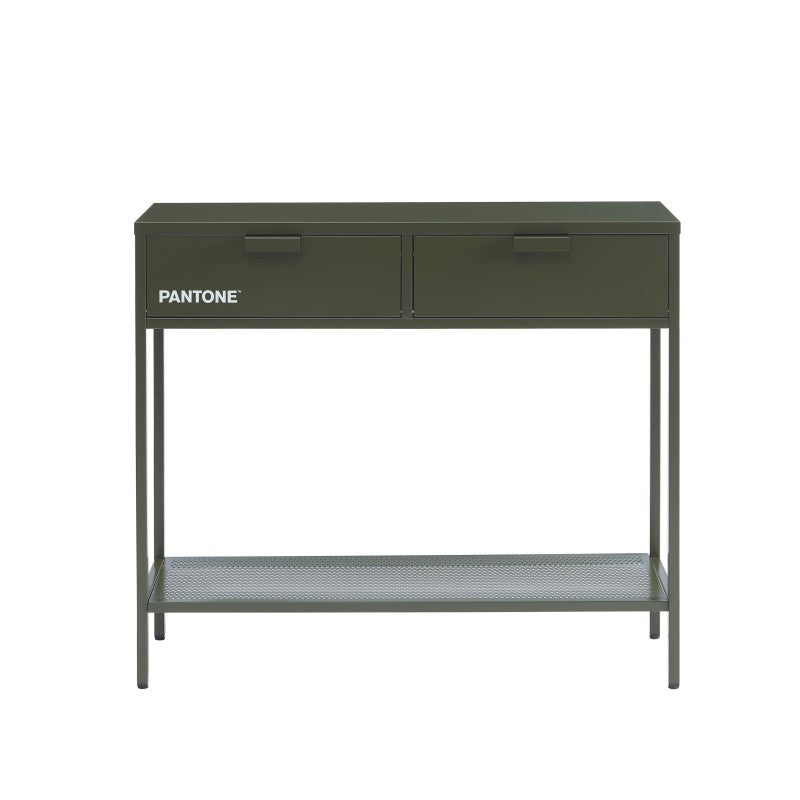 Console métal vert olive foncé PANTONE 2 tiroirs 100cm, meuble d'entrée design