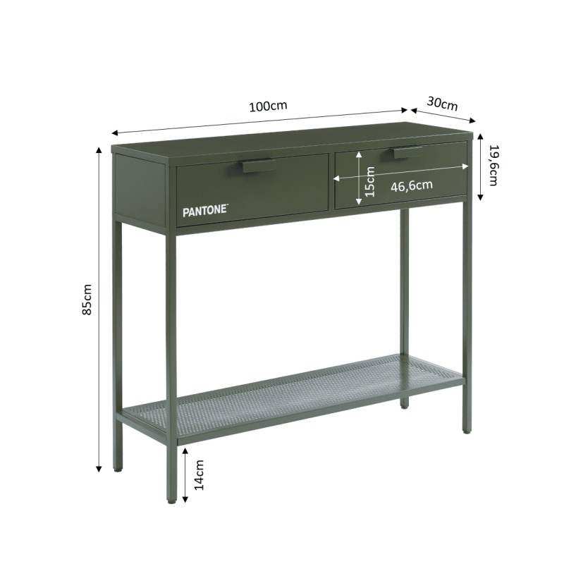 Console PANTONE métal vert olive foncé 2 tiroirs 100cm