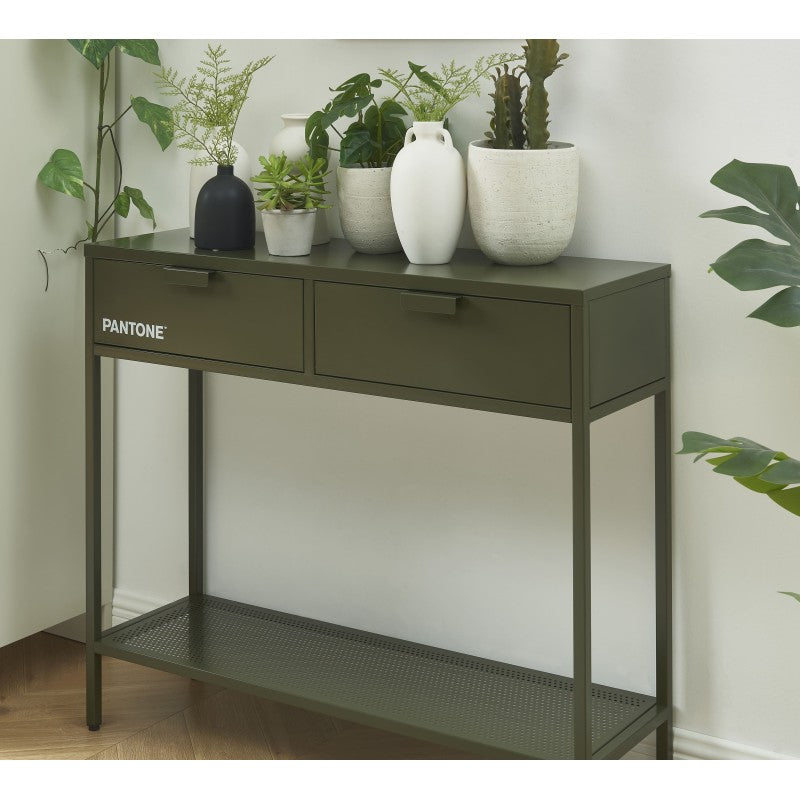 Console PANTONE métal vert olive foncé 2 tiroirs 100cm