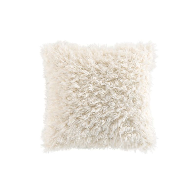 Coussin carré 45x45cm imitation fourrure écru déhoussable, toucher doux et chaleureux