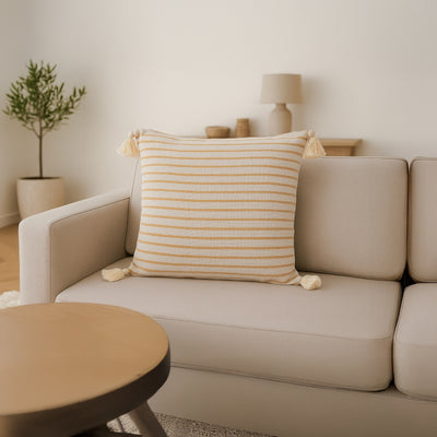 Coussin carré JUD 45x45cm rayé en coton et corde beige