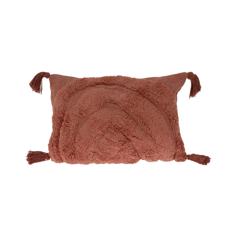 Coussin rectangulaire 50x30cm coton terracotta motif capitonné et pompons, décoration intérieure