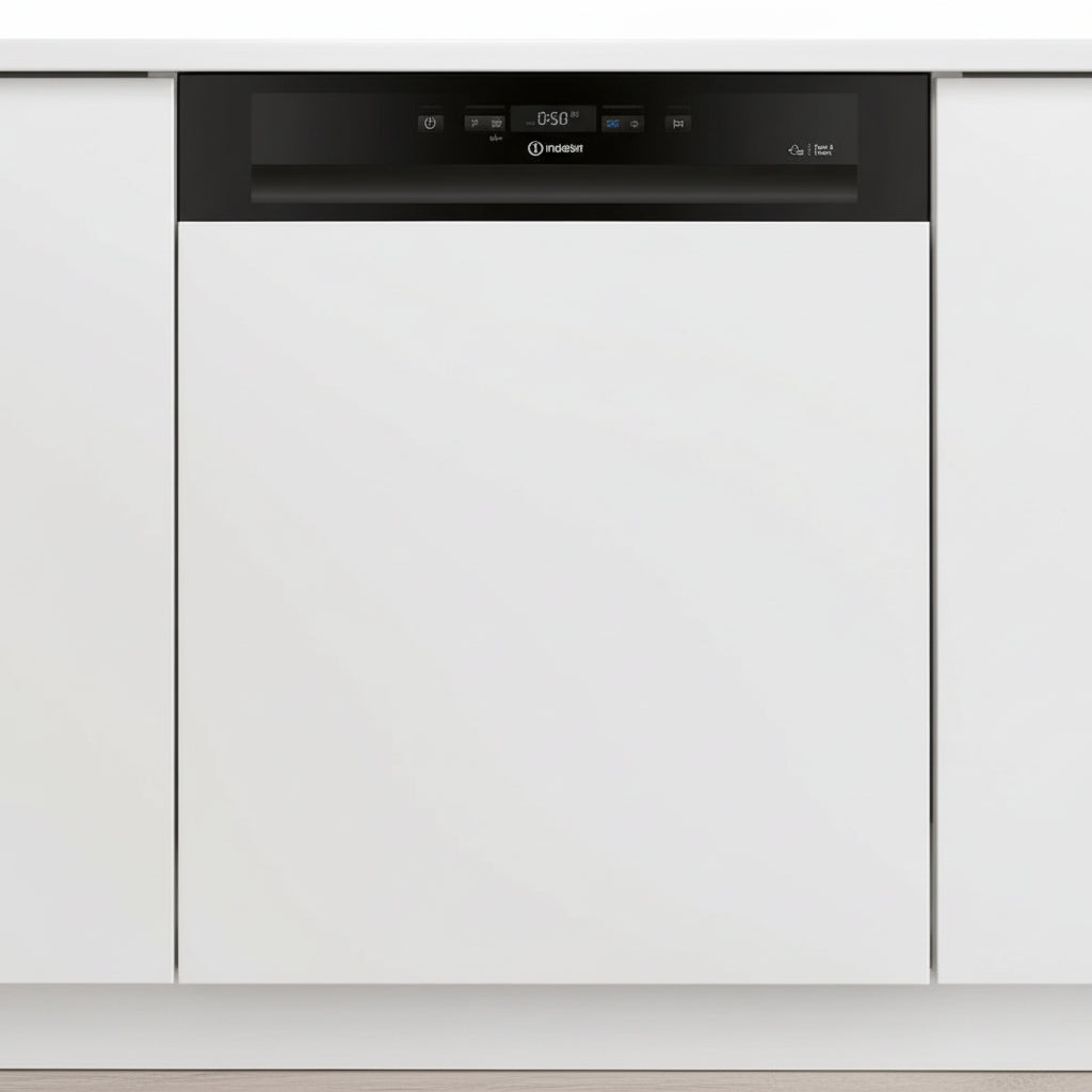 Lave-vaisselle encastrable semi-intégrable 14 couverts noir Indesit, Auto Door et Push&Go