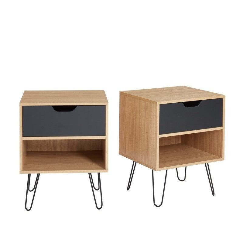 Lot de 2 tables de chevet DUO noir et effet chêne, style industriel, pieds métal épingle