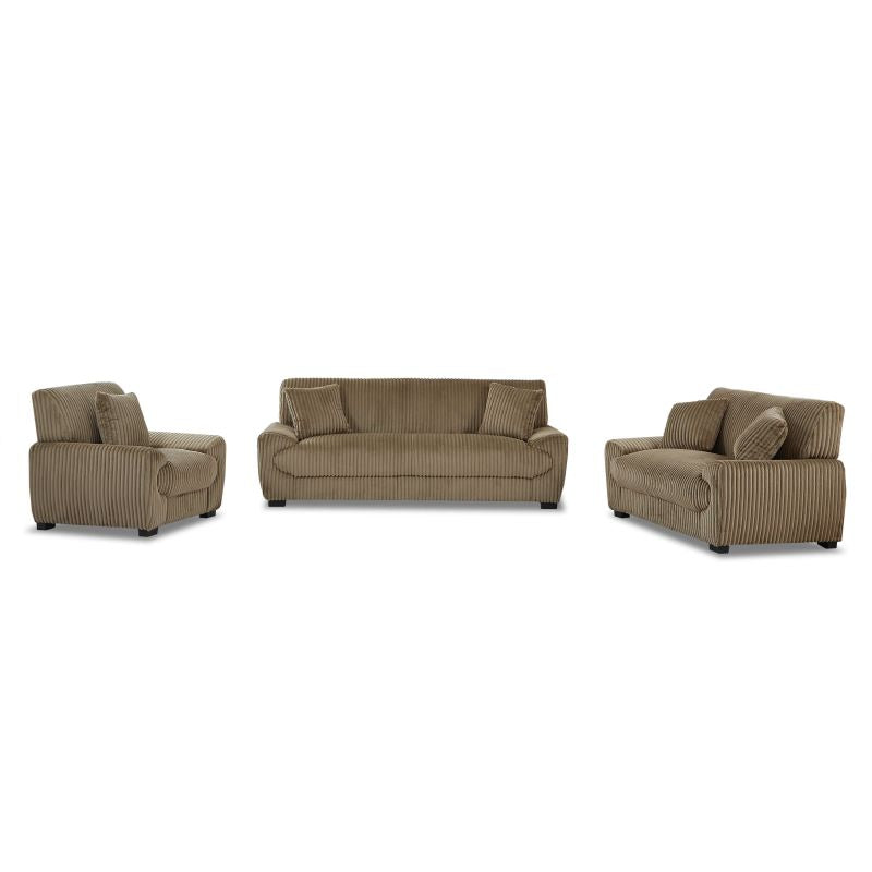 Ensemble canapés 3+2 places et fauteuil ADEA en velours côtelé marron, salon cosy