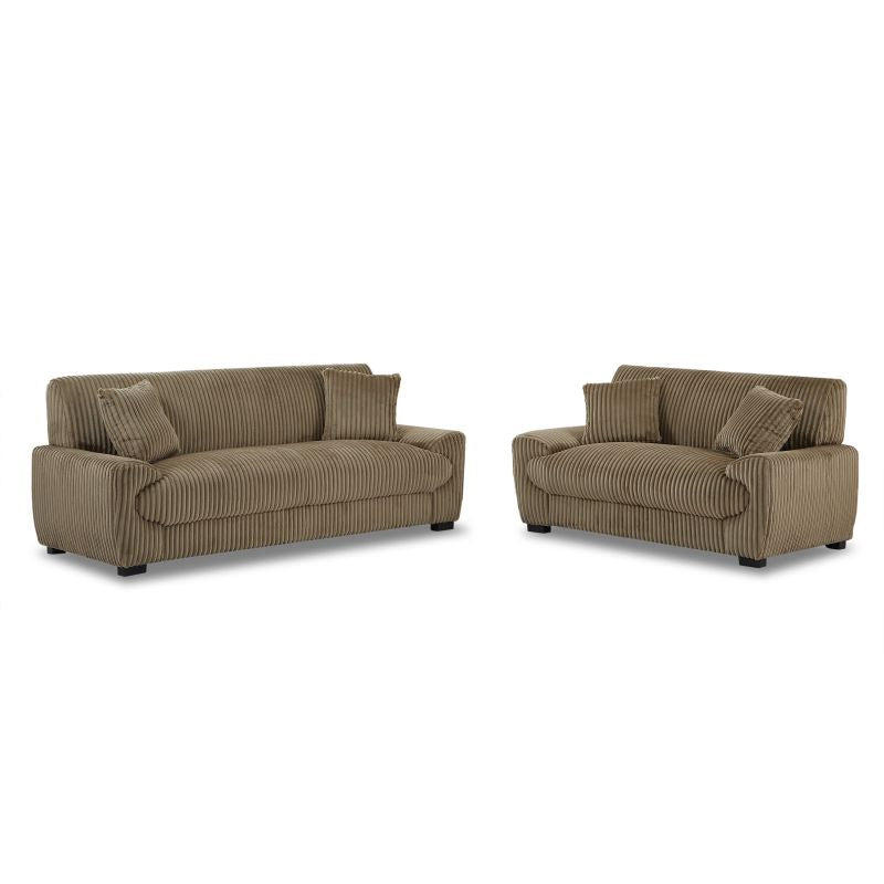 Ensemble canapé 3 places et fauteuil velours côtelé marron, style cosy contemporain
