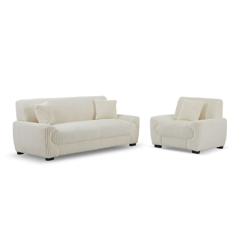 Ensemble canapé 3 places et fauteuil velours côtelé beige, style cosy contemporain