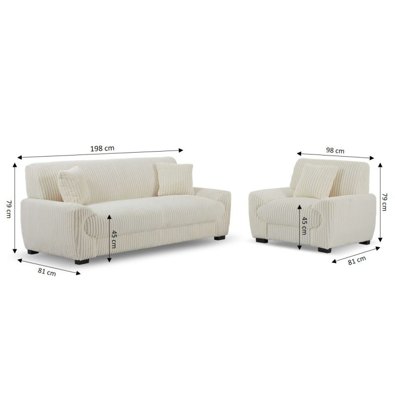 Ensemble canapé droit fixe 3 places + fauteuil 1 place ADEA velours côtelé beige